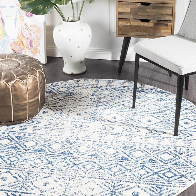 Oasis Ismail White Blue Rustic Round Rug