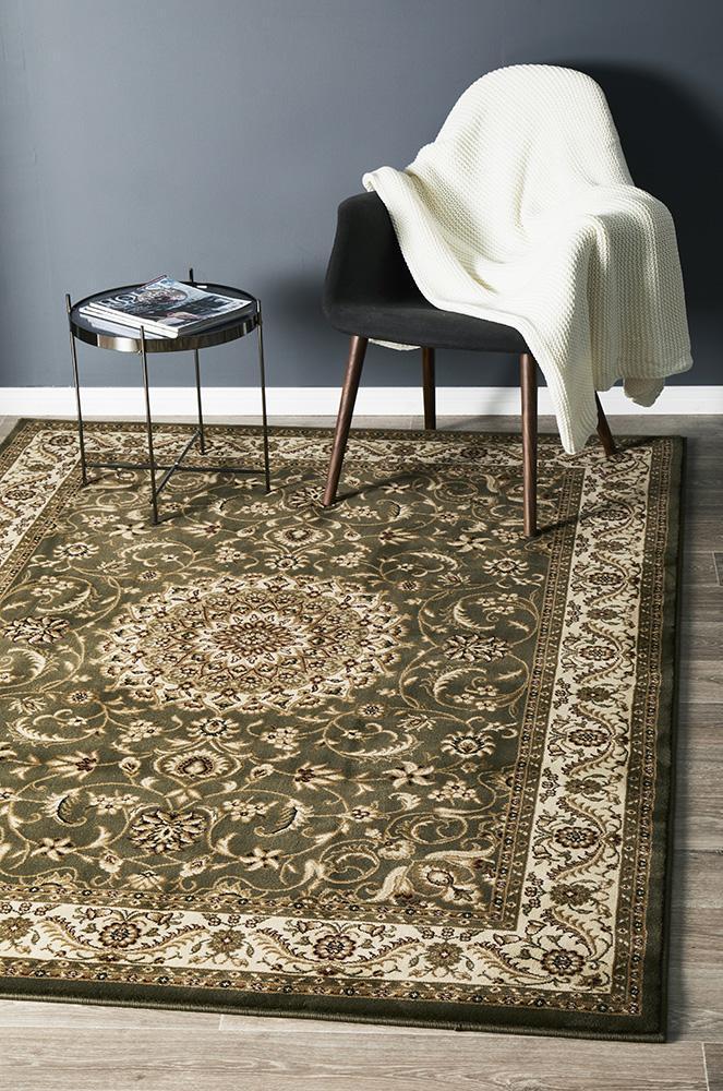 Sydney Collection Medallion Rug Green With Ivory Border