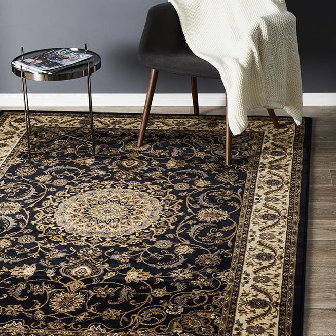 Sydney Collection Medallion Rug Blue With Ivory Border