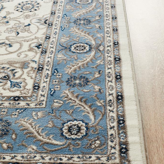 Sydney Collection Medallion Rug White With Blue Border